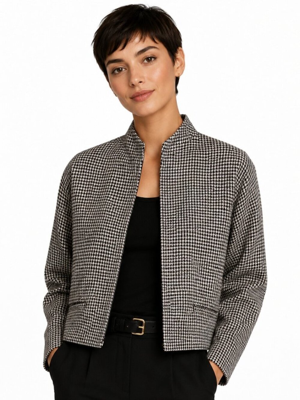 Lauren Ralph Lauren B&W Linen Houndstooth Dolman Sleeve Open Jacket